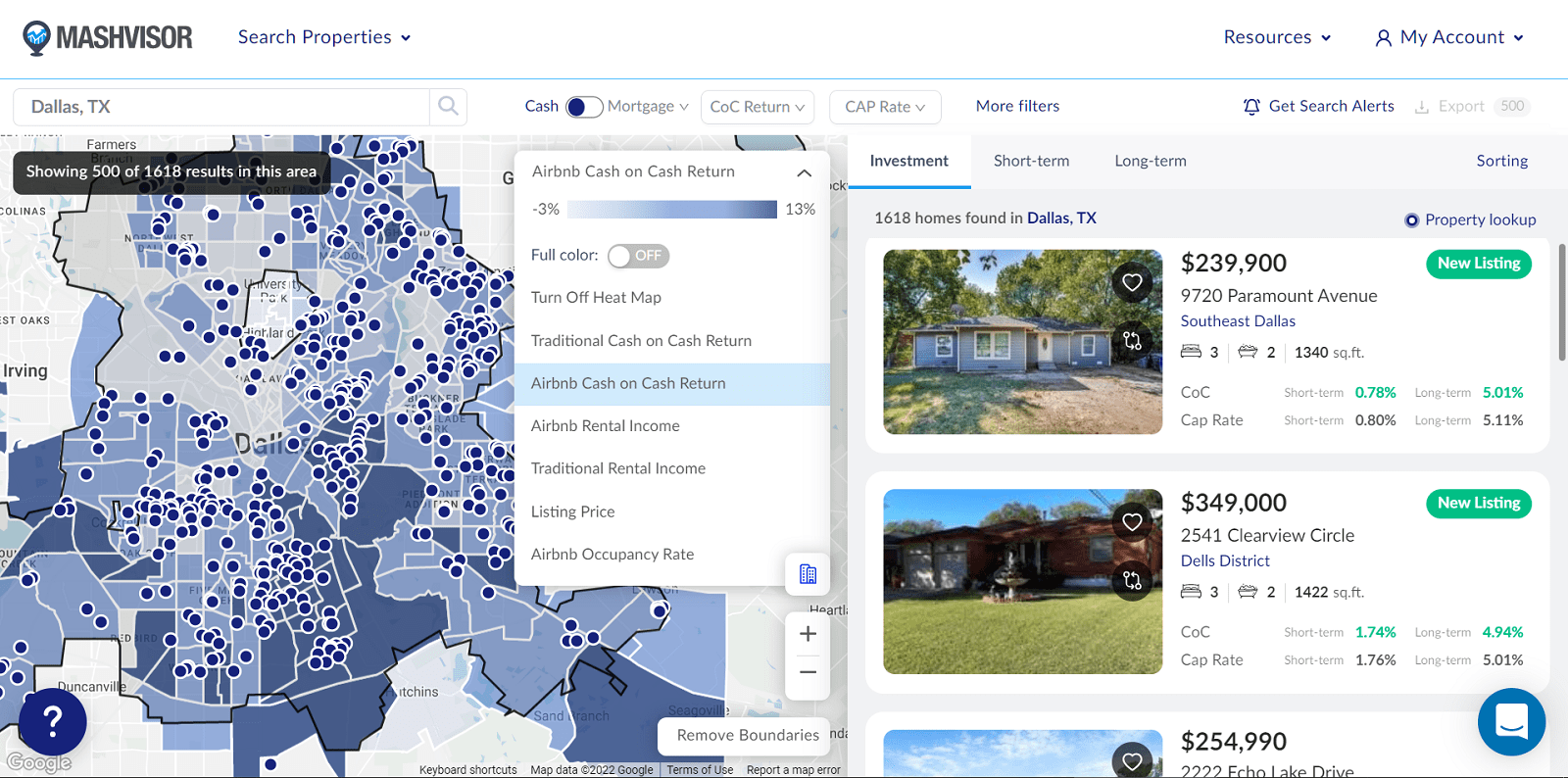 Short Term Rental in Dallas - Mashvisor's Heatmap