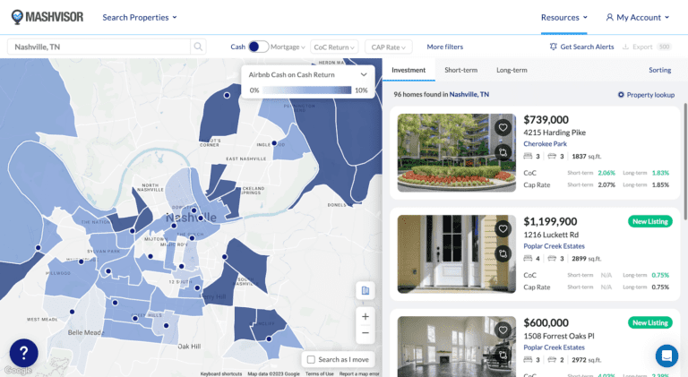 Mashvisor's real estate heatmap showing which parts of Nashville TN has the highest Airbnb cash on cash returns