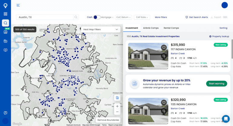 A screenshot of Mashvisor's Property Search tool showing the properties for sale in Austin, Texas.