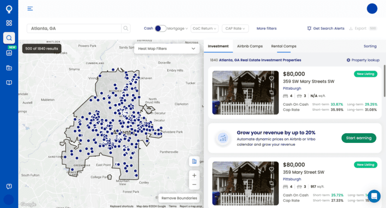 A screenshot of Mashvisor's Property Search tool, which helps real estate investors find properties for sale that could become profitable vacation rentals.