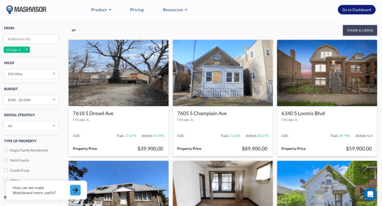 A screenshot of Mashvisor's Property Marketplace tool