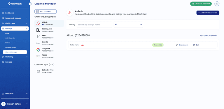 A screenshot of Mashvisor's Vacation Rental Channel Manager