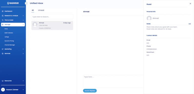 A screenshot Mashvisor's Unified Inbox that shows the guest's details