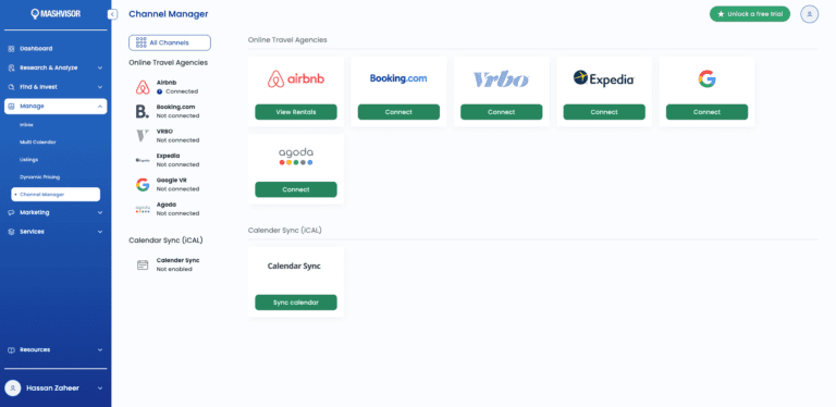 A screenshot of Mashvisor's Vacation Rental Channel Manager