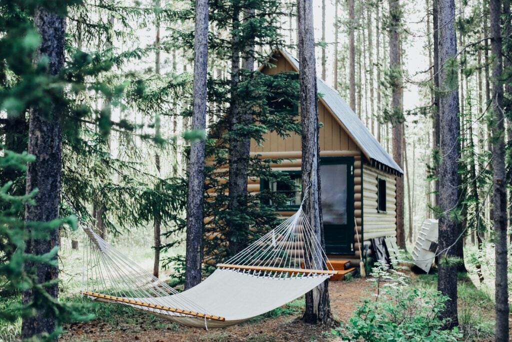 Cabin with hammock in front of it in the forest.