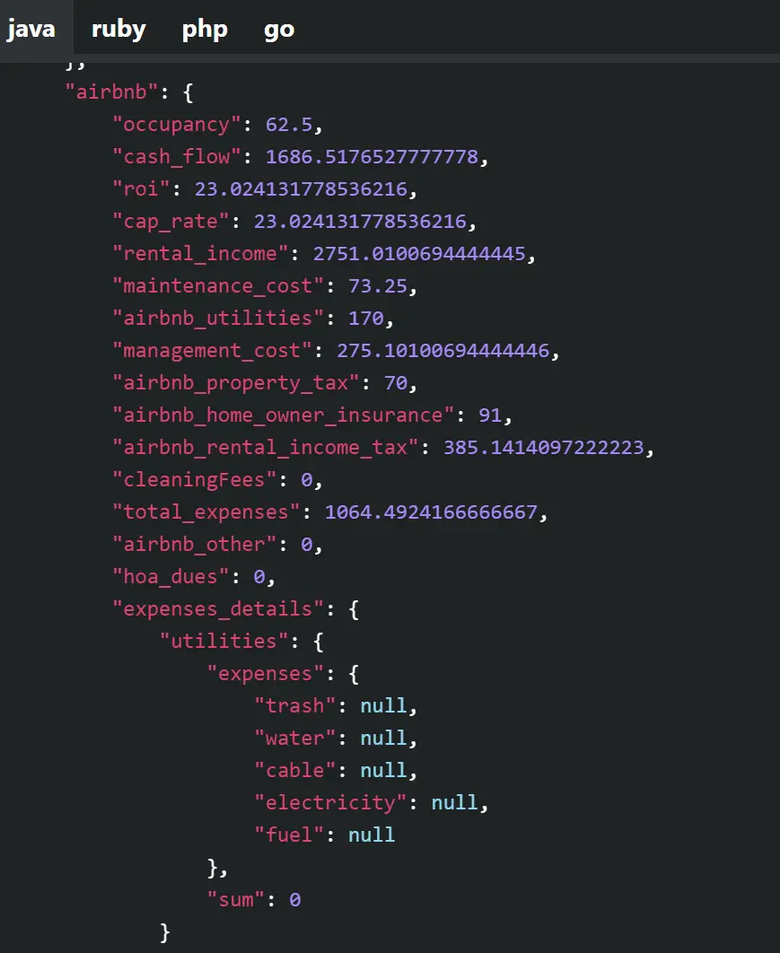JSON response example from the Mashvisor API showing STR metrics like occupancy, ROI, rental income, and detailed expenses in a nested object format.