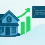 Illustration of a rental property with a revenue chart and JSON code overlay, symbolizing how developers use the Mashvisor Lookup API to analyze Airbnb income and investment performance.