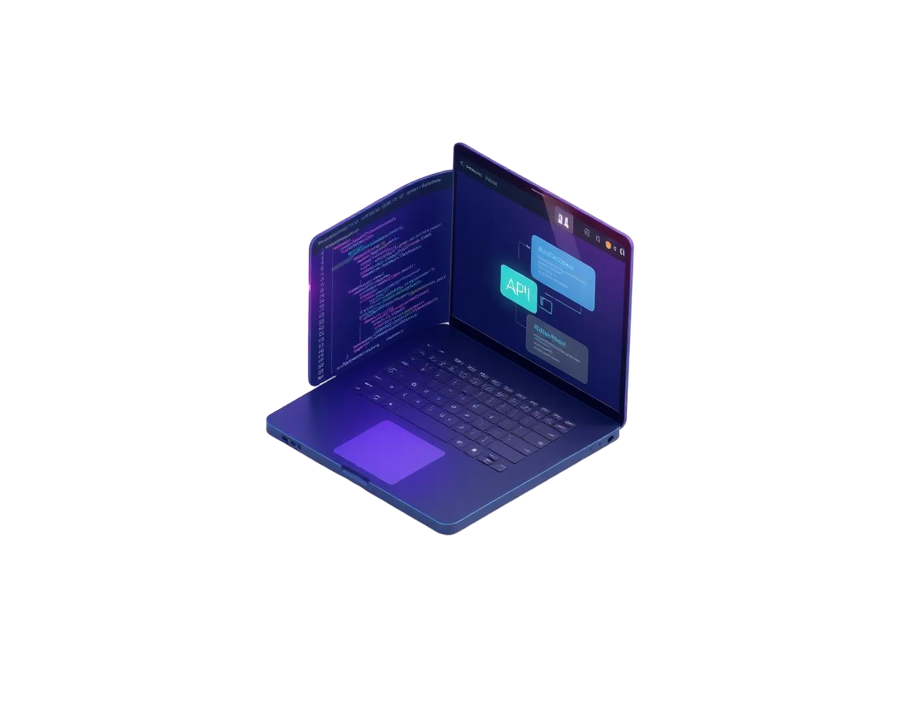 Isometric laptop with API code and data visualizations